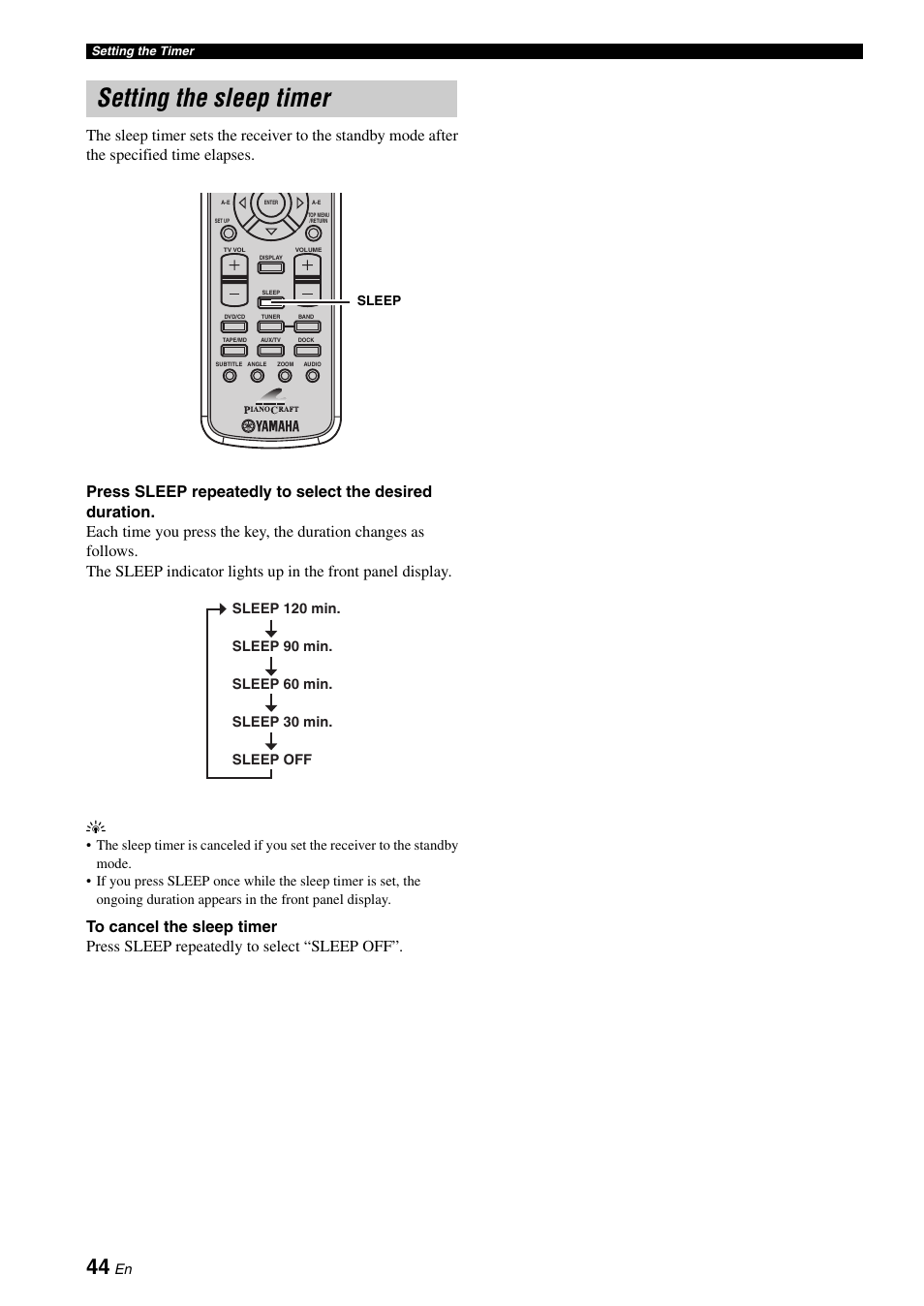 Setting the sleep timer | Yamaha MCR-E810 User Manual | Page 48 / 72