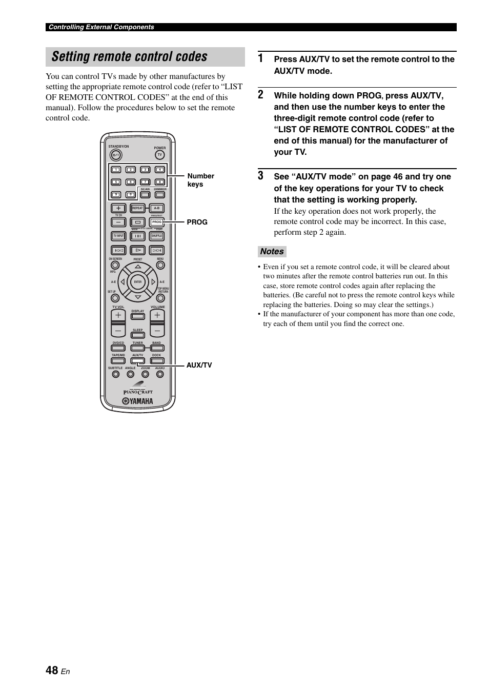 Setting remote control codes, While holding down prog, Aux/tv prog number keys | Yamaha MCR-E810 User Manual | Page 52 / 72