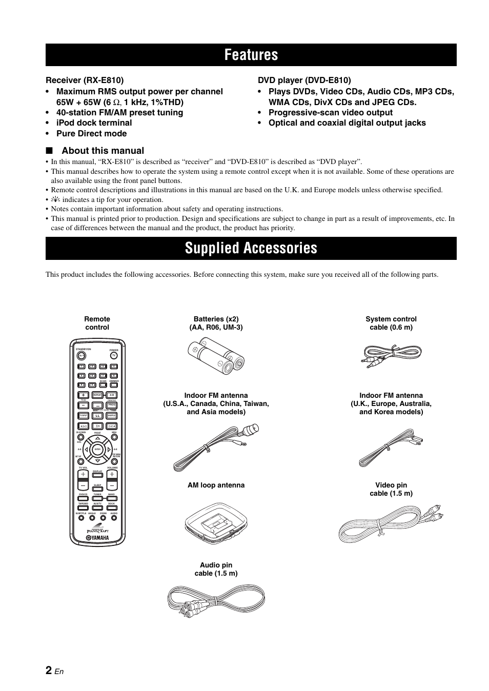 Features supplied accessories, About this manual | Yamaha MCR-E810 User Manual | Page 6 / 72