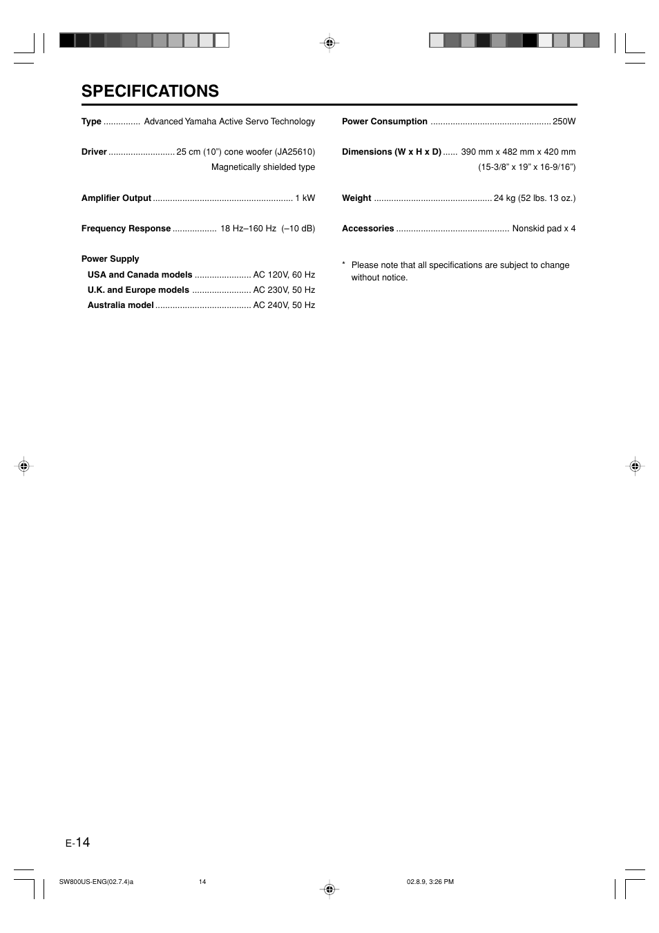 Specifications | Yamaha YST-SW800 User Manual | Page 18 / 19