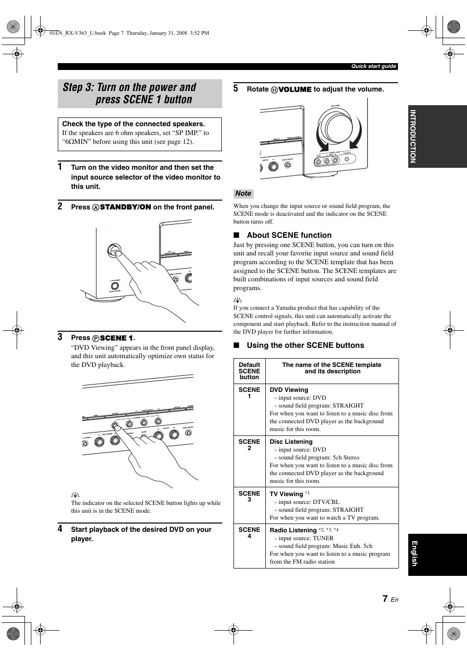 Step 3: turn on the power and press scene 1 button, Step 3: turn on the power and, Press scene 1 button | P. 7 | Yamaha HTR-6130 User Manual | Page 11 / 77