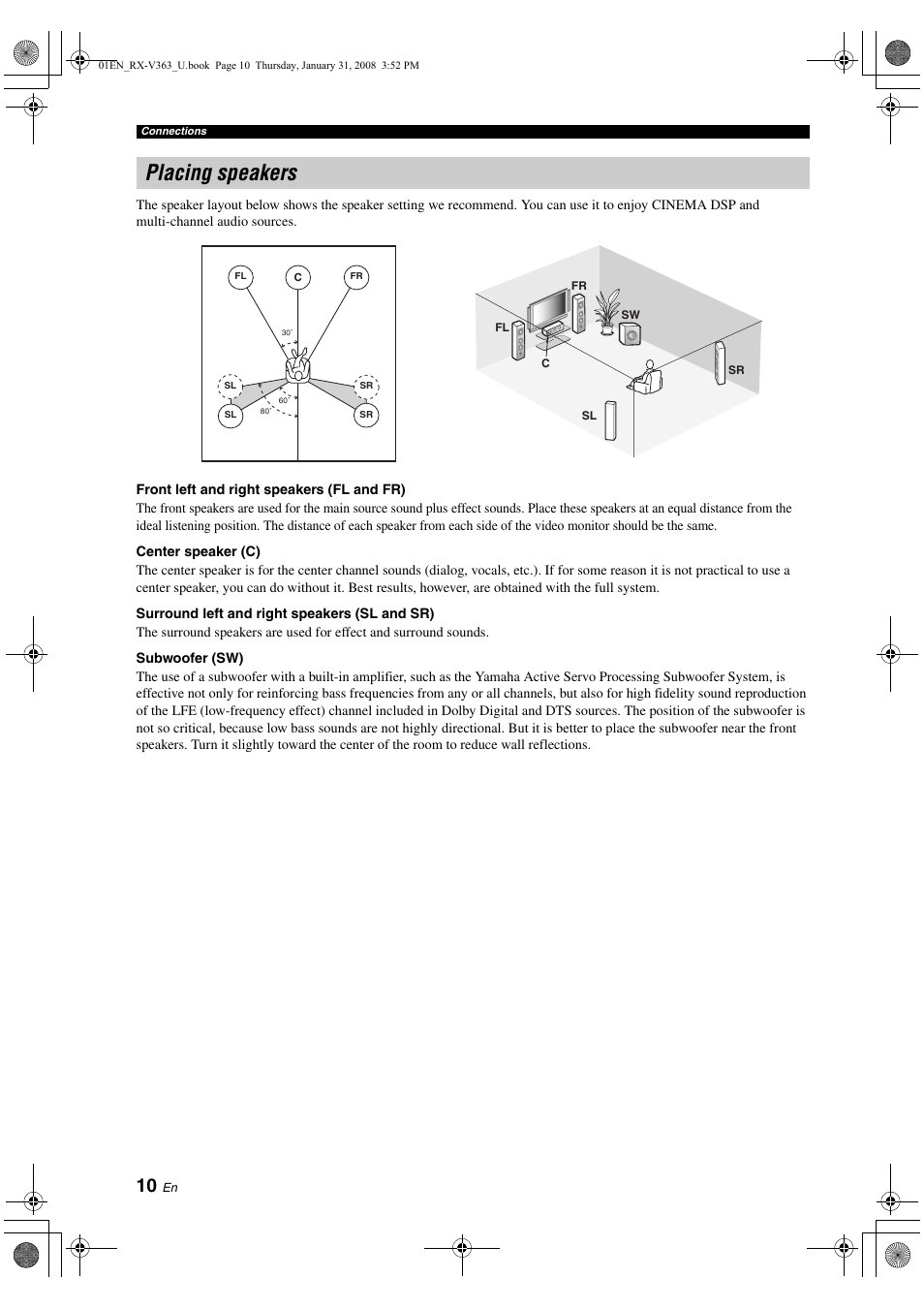 Placing speakers, P. 10 | Yamaha HTR-6130 User Manual | Page 14 / 77