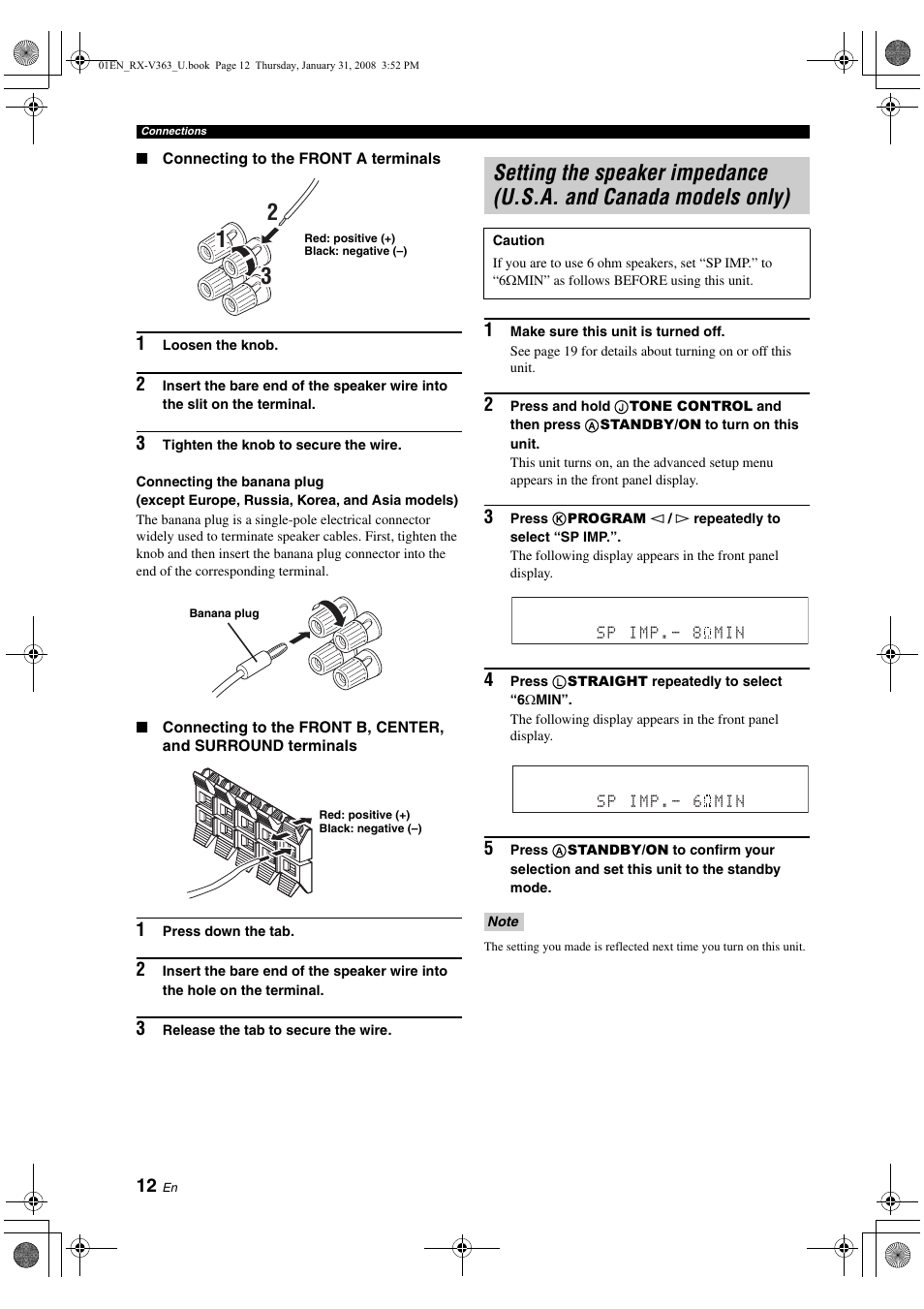 Setting the speaker impedance, U.s.a. and canada models only) | Yamaha HTR-6130 User Manual | Page 16 / 77