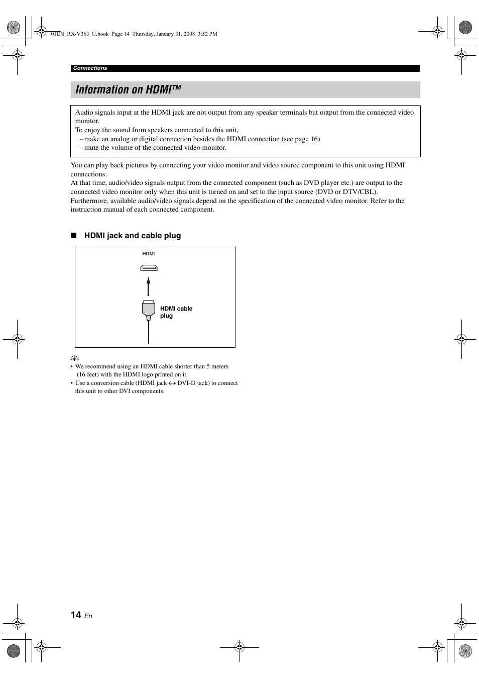 Information on hdmi | Yamaha HTR-6130 User Manual | Page 18 / 77