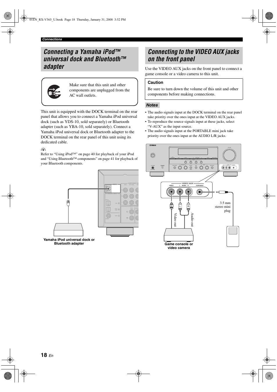 Connecting a yamaha ipod™ universal dock and, Bluetooth™ adapter, Connecting to the video aux jacks on the | Front panel, P. 18 | Yamaha HTR-6130 User Manual | Page 22 / 77