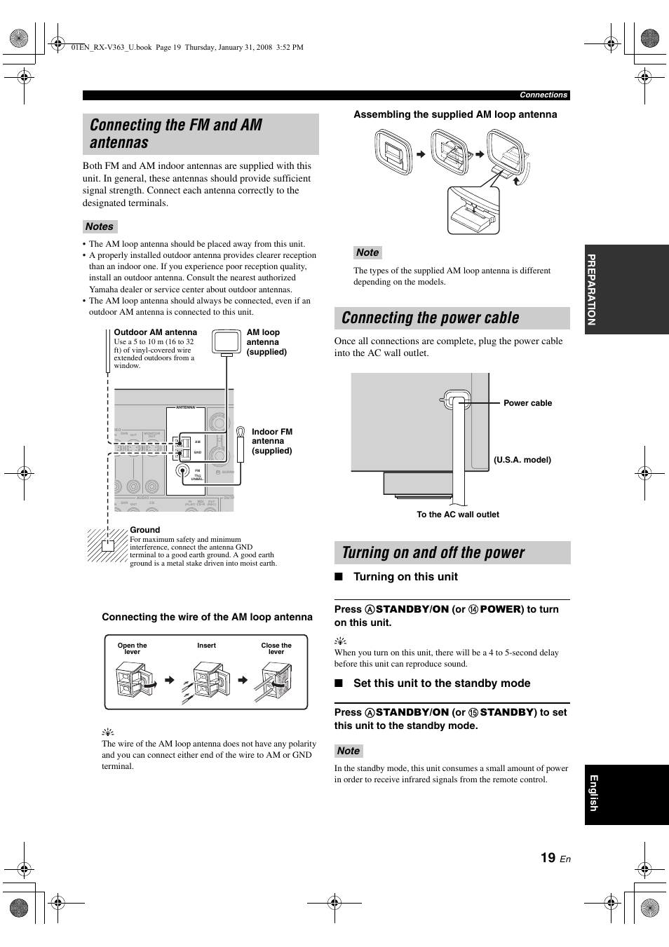 Connecting the fm and am antennas, Connecting the power cable, Turning on and off the power | P. 19, Turning on this unit, Set this unit to the standby mode, Connecting the wire of the am loop antenna y, Assembling the supplied am loop antenna | Yamaha HTR-6130 User Manual | Page 23 / 77