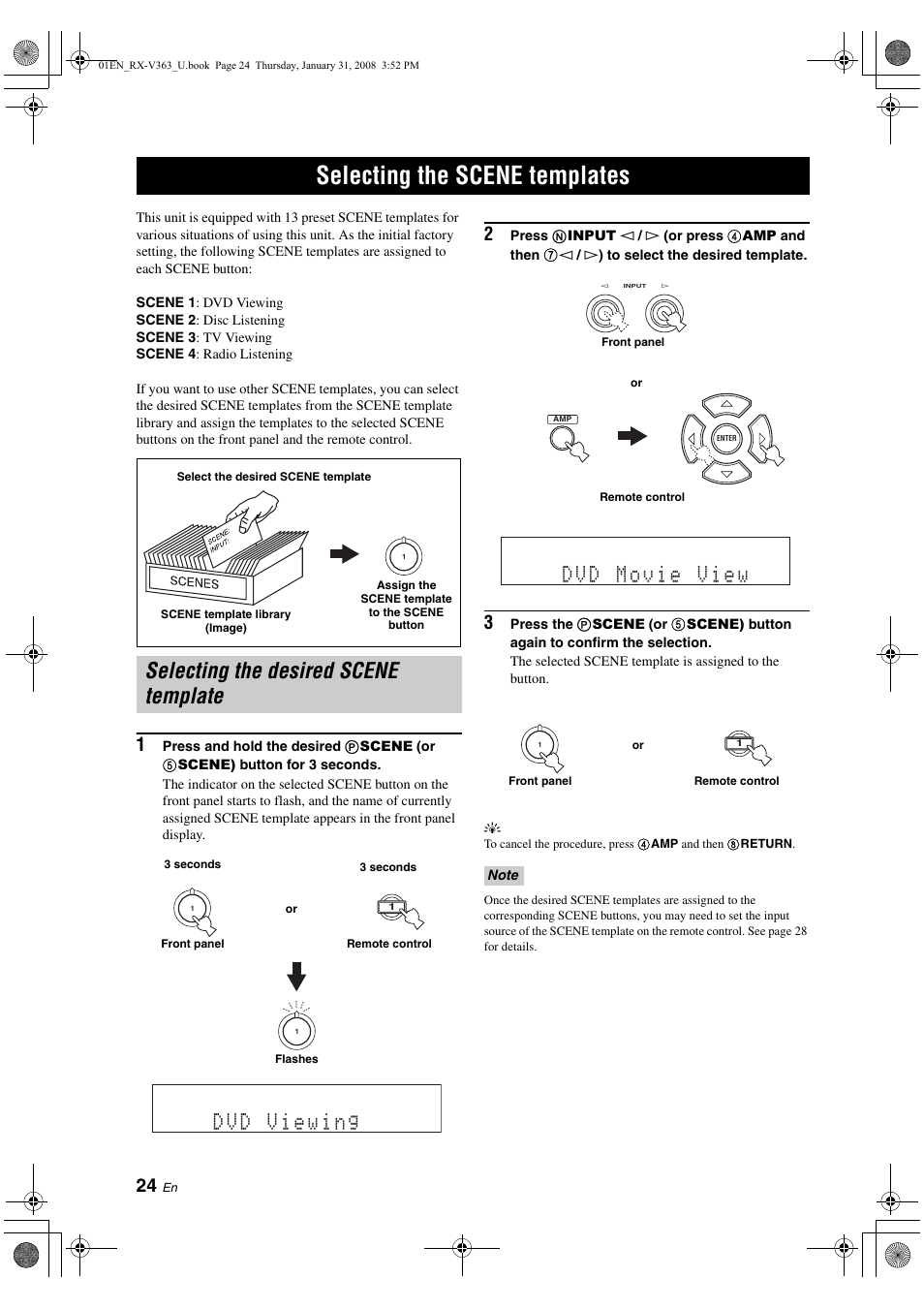 Selecting the scene templates, Selecting the desired scene template, P. 24 | Yamaha HTR-6130 User Manual | Page 28 / 77