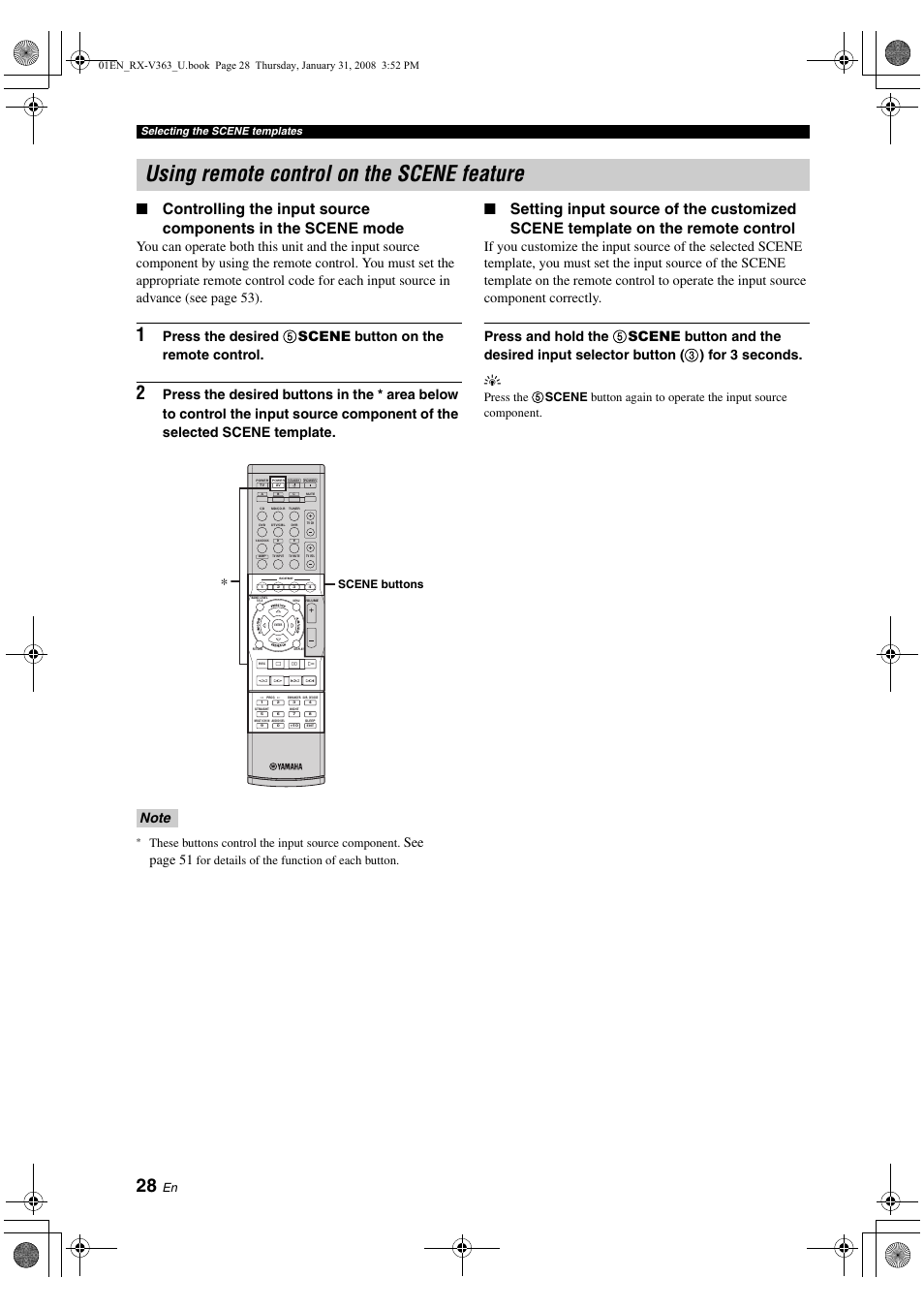 Using remote control on the scene feature, See page 51, These buttons control the input source component | For details of the function of each button, Scene buttons, Selecting the scene templates | Yamaha HTR-6130 User Manual | Page 32 / 77