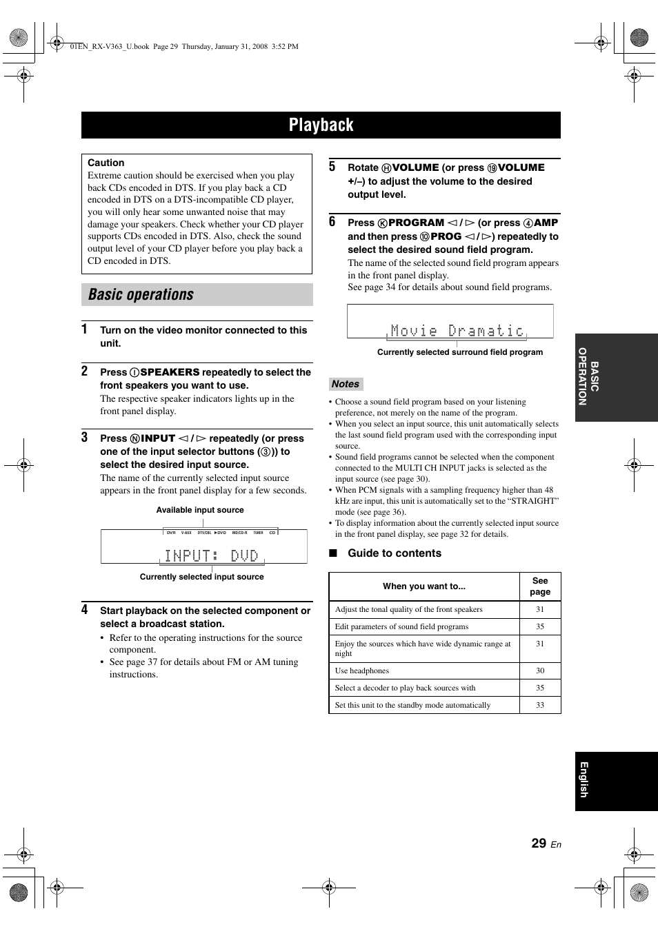 Playback, Basic operations, P. 29 | Basic operations input: dvd | Yamaha HTR-6130 User Manual | Page 33 / 77