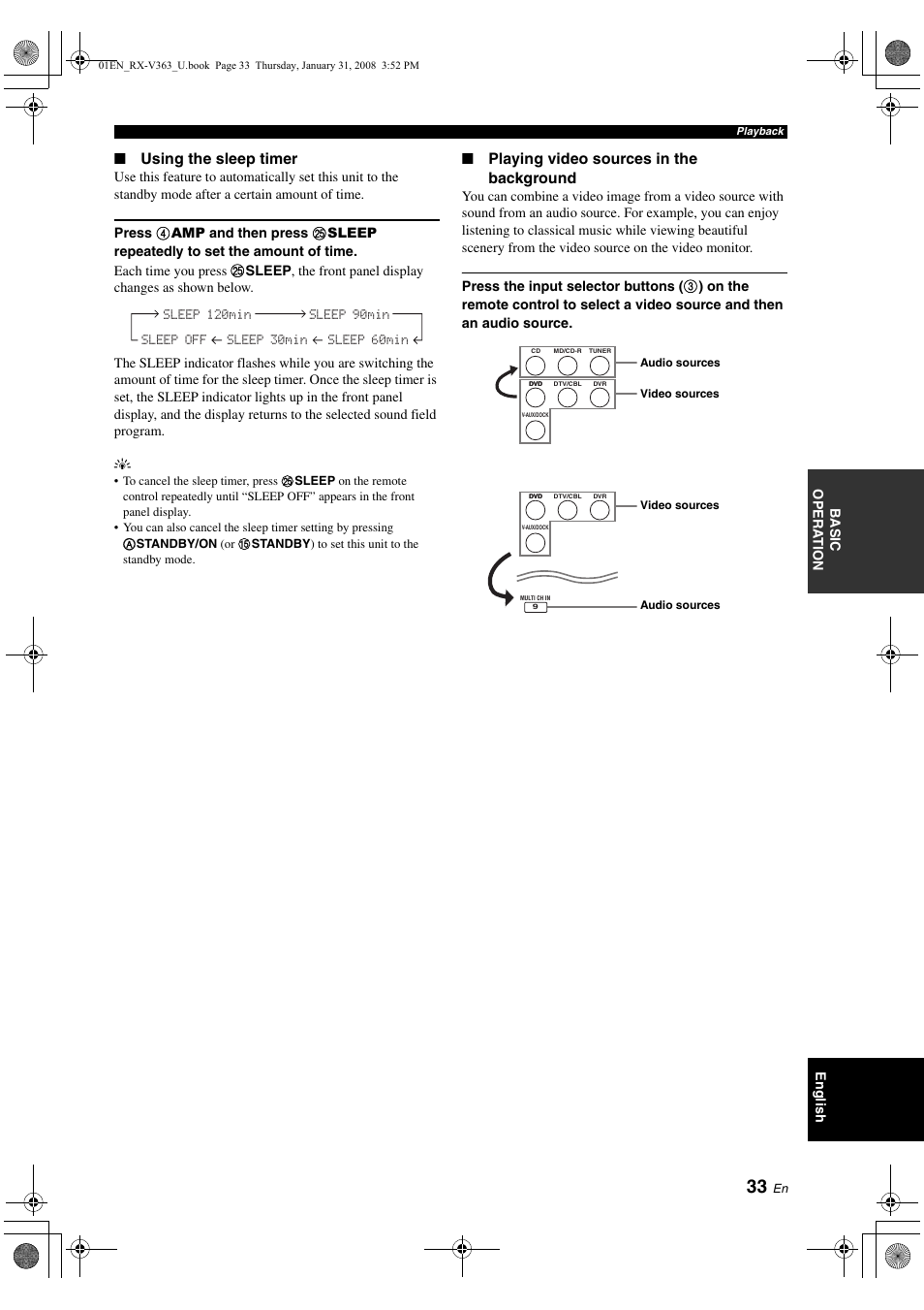 P. 33, Using the sleep timer, Playing video sources in the background | Yamaha HTR-6130 User Manual | Page 37 / 77