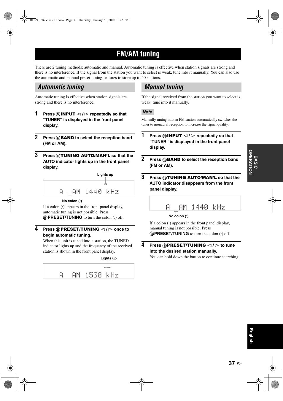 Fm/am tuning, Automatic tuning, Manual tuning | Automatic tuning manual tuning, P. 37, Aam 1440 khz, Aam 1530 khz | Yamaha HTR-6130 User Manual | Page 41 / 77
