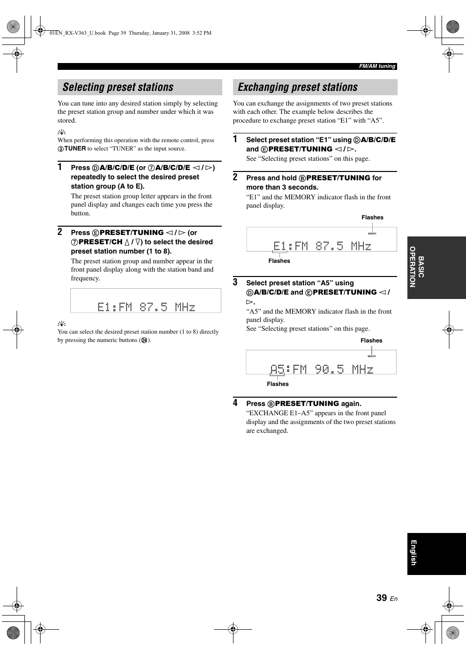 Selecting preset stations, Exchanging preset stations, A5 fm 90.5 mhz | E1 fm 87.5 mhz | Yamaha HTR-6130 User Manual | Page 43 / 77