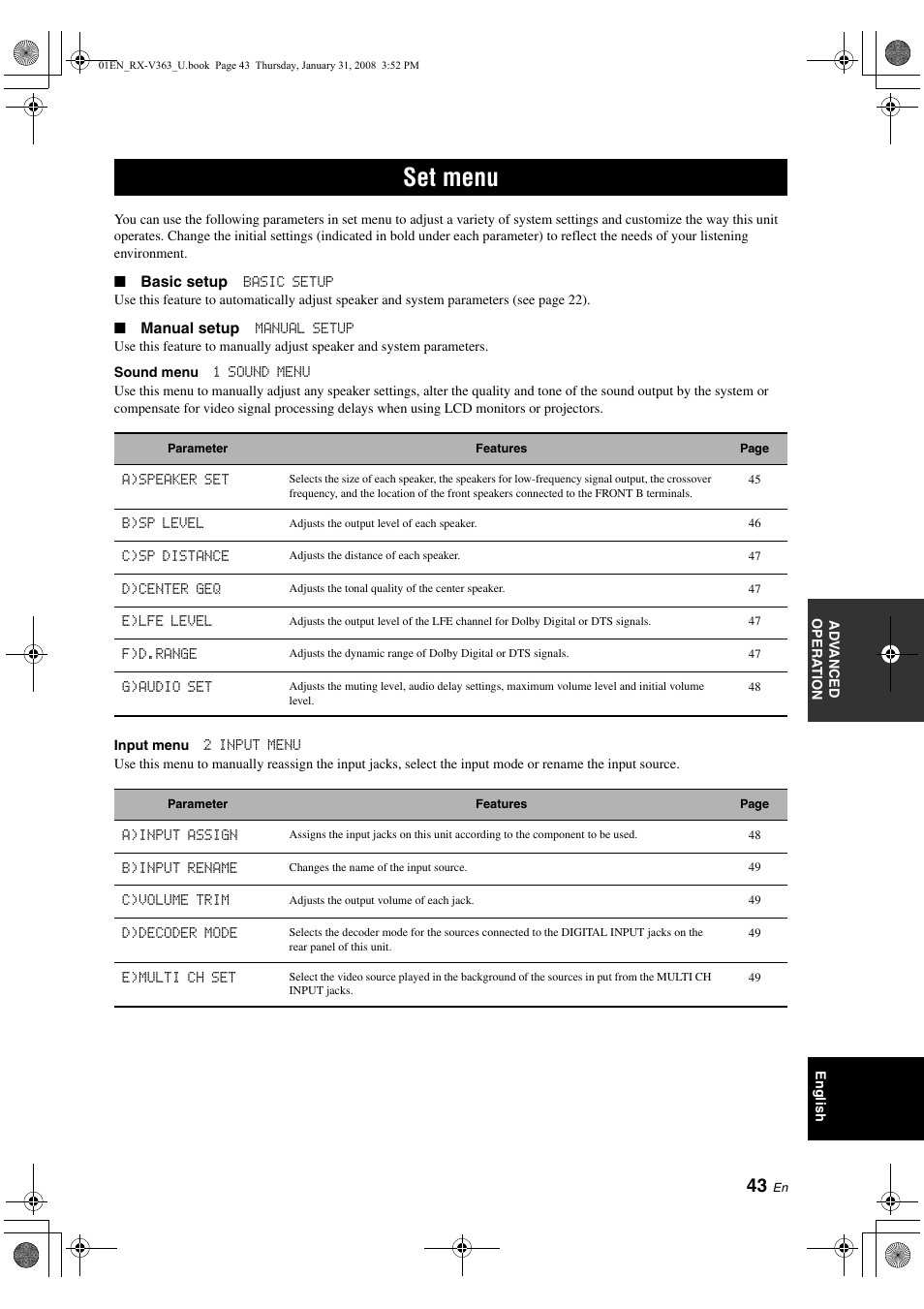 Set menu, P. 43 | Yamaha HTR-6130 User Manual | Page 47 / 77