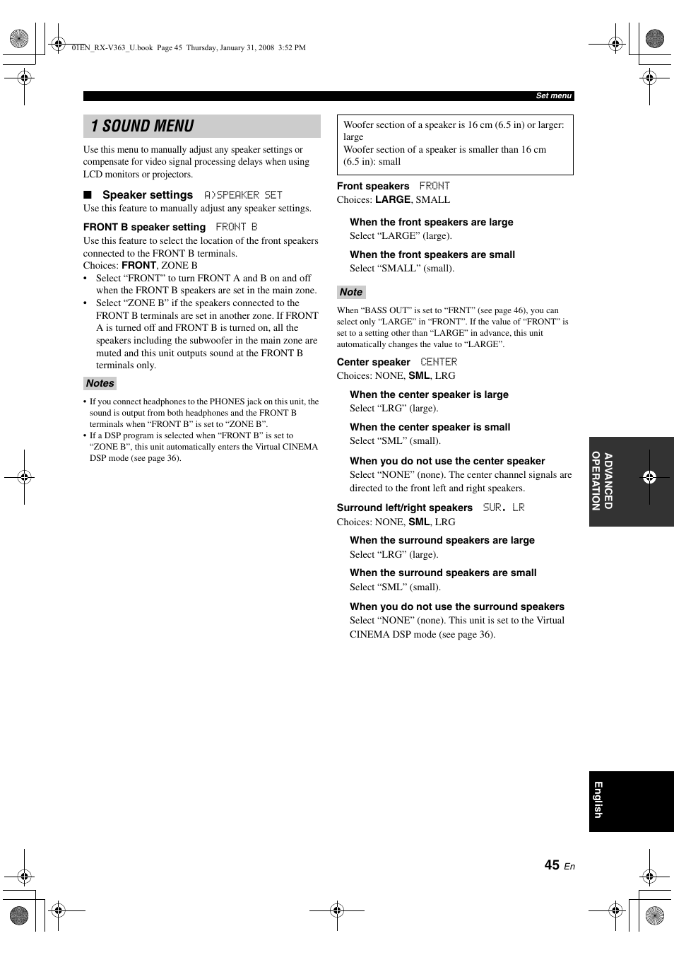 1 sound menu | Yamaha HTR-6130 User Manual | Page 49 / 77