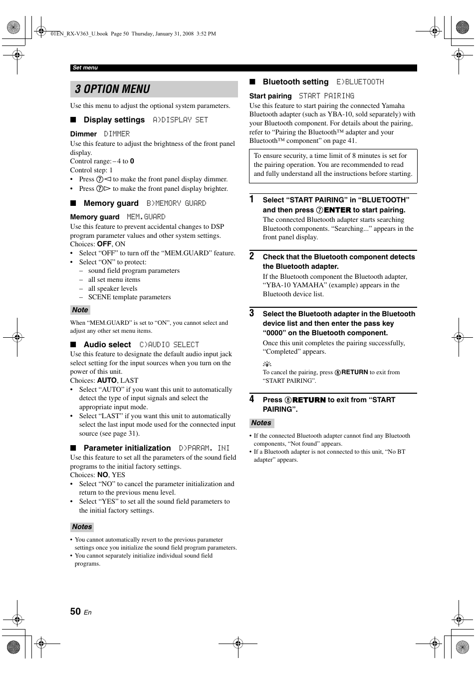 3 option menu | Yamaha HTR-6130 User Manual | Page 54 / 77