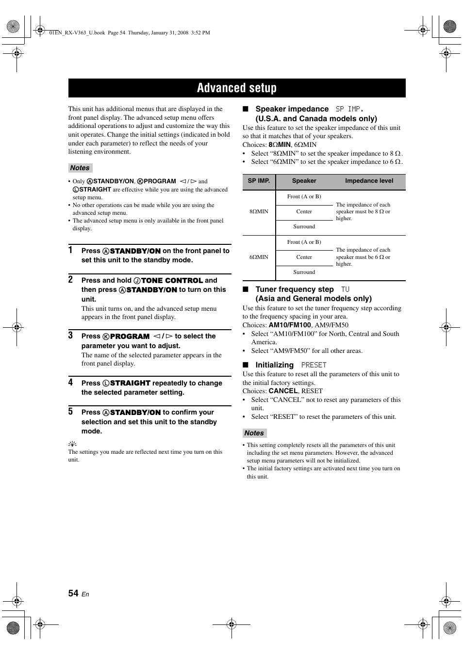 Advanced setup, P. 54 | Yamaha HTR-6130 User Manual | Page 58 / 77