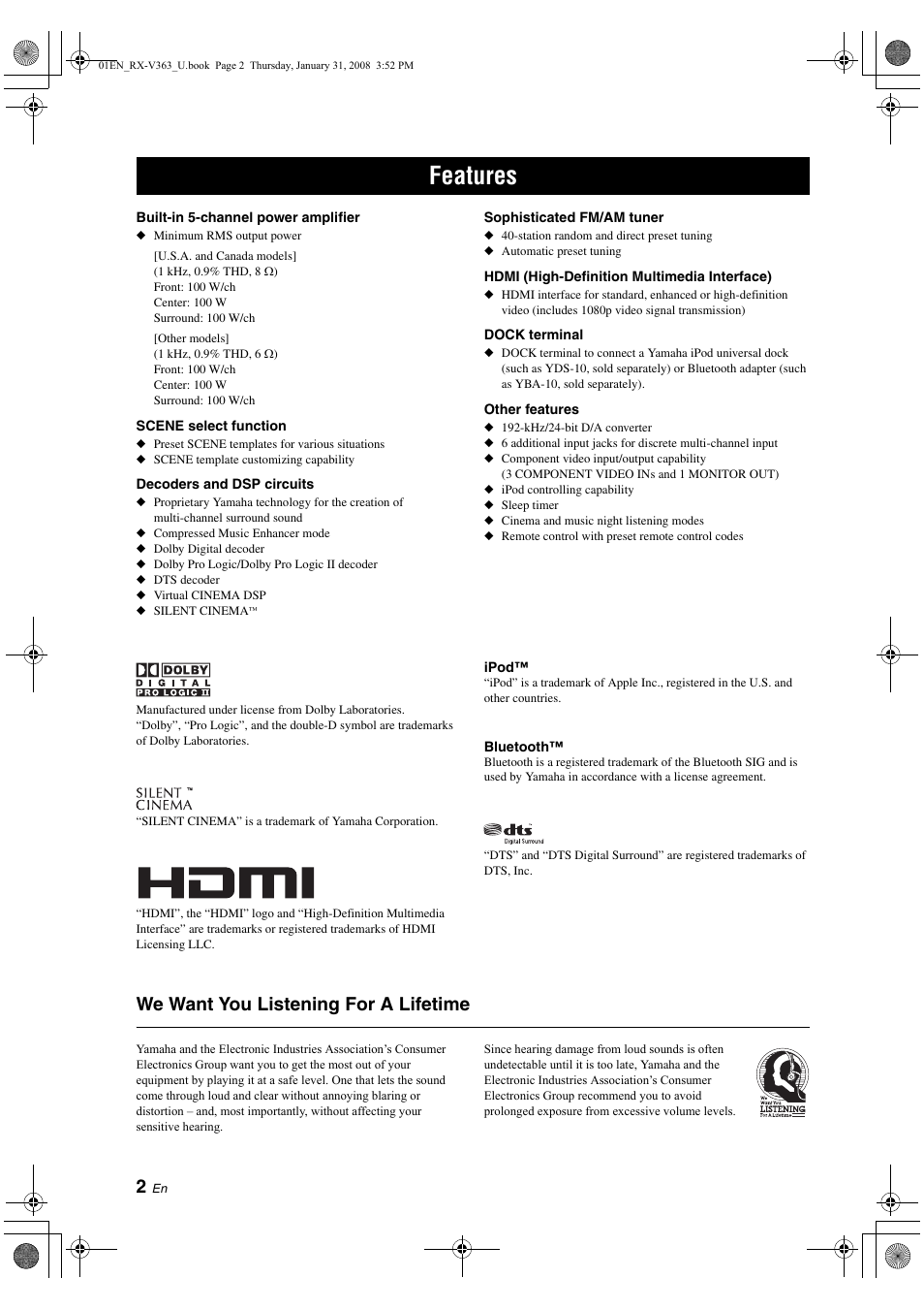Features, We want you listening for a lifetime | Yamaha HTR-6130 User Manual | Page 6 / 77