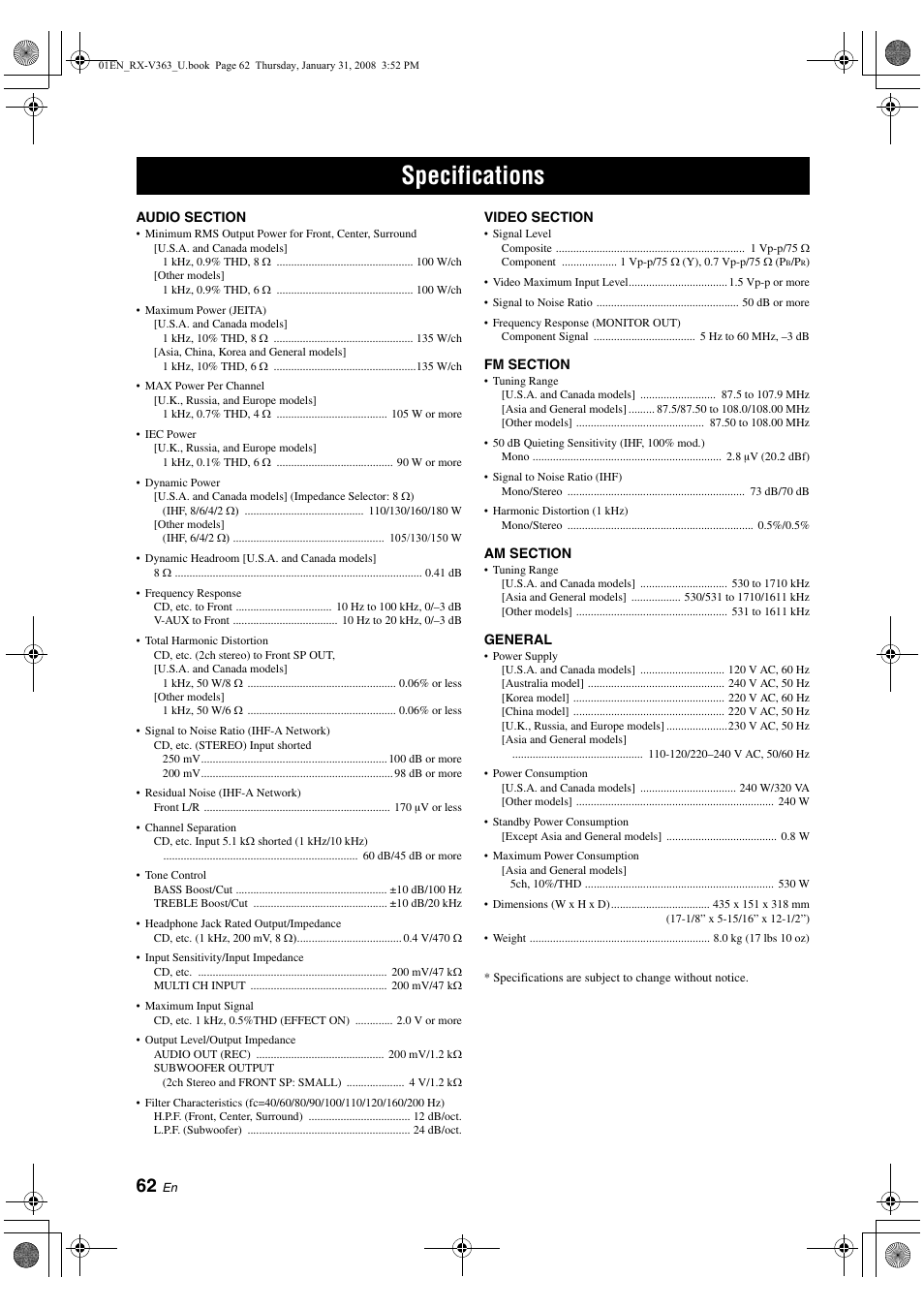 Specifications | Yamaha HTR-6130 User Manual | Page 66 / 77