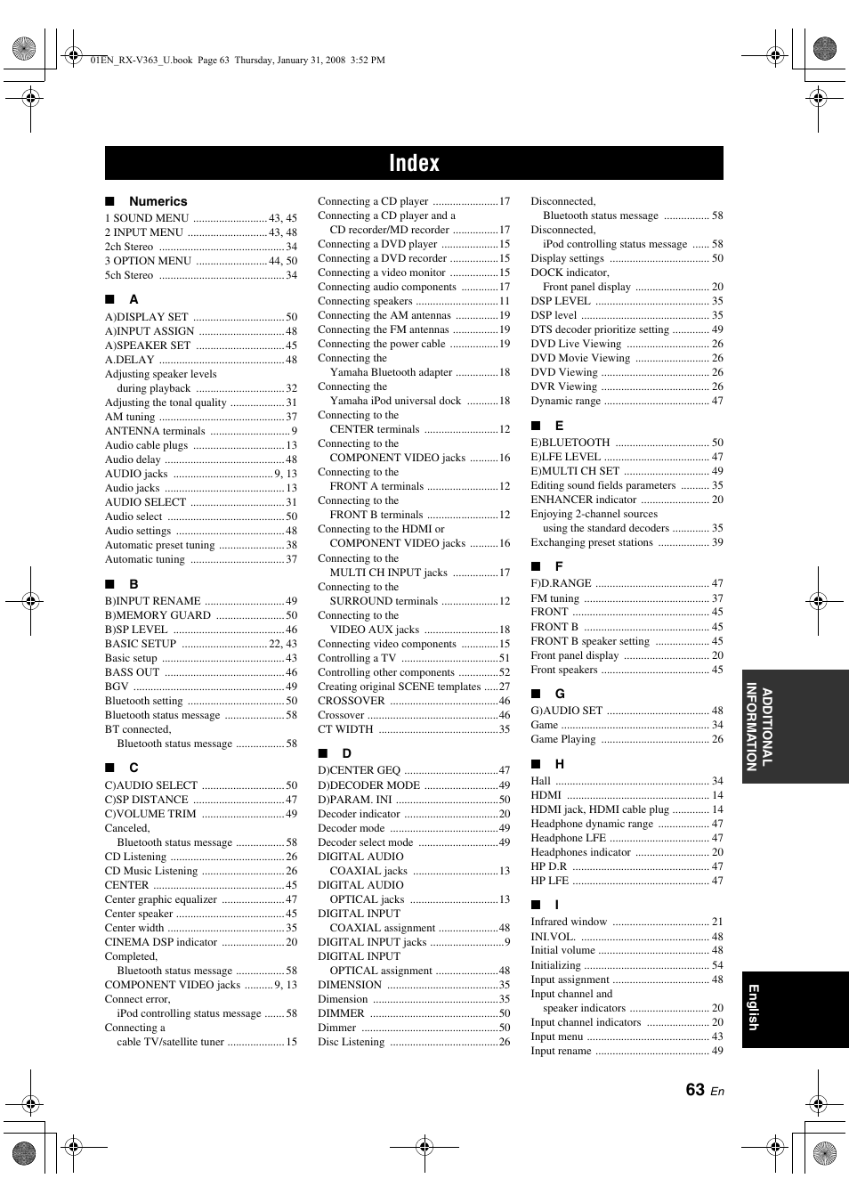 Index | Yamaha HTR-6130 User Manual | Page 67 / 77