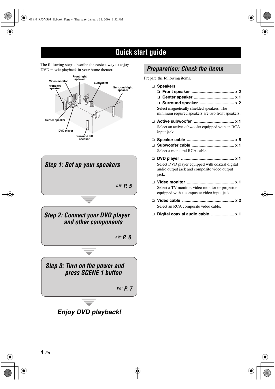 Quick start guide, Preparation: check the items, Enjoy dvd playback! step 1: set up your speakers | P. 5, P. 6, P. 7 | Yamaha HTR-6130 User Manual | Page 8 / 77
