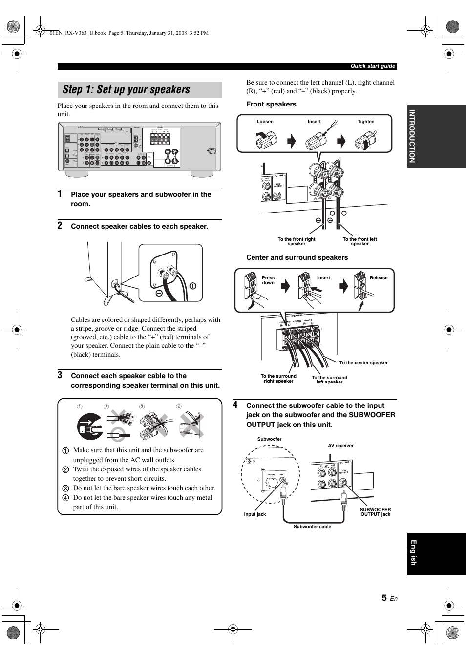 Step 1: set up your speakers, P. 5, Place your speakers and subwoofer in the room | Out (rec) in (play), Am gnd fm 75 unbal, Quick start guide | Yamaha HTR-6130 User Manual | Page 9 / 77