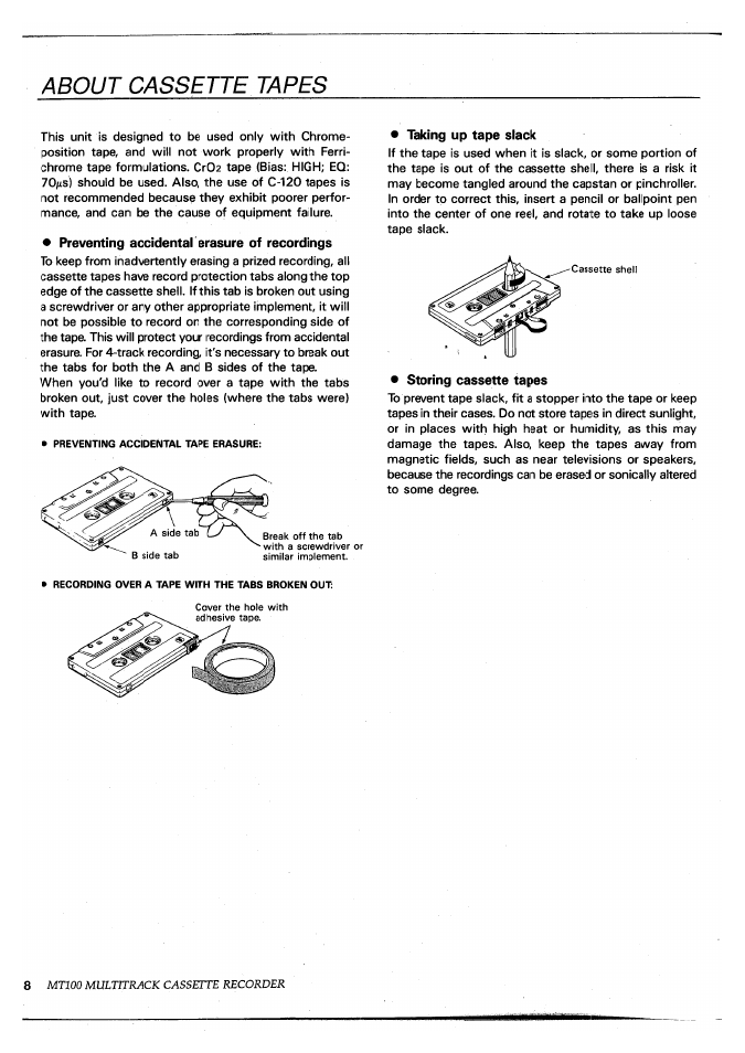 About cassette tapes, Mtioo multitrack cassette recorder | Yamaha MT100 User Manual | Page 10 / 68