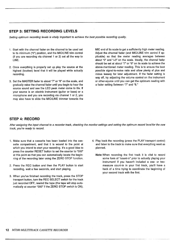 Step 3: setting recording levels, Step 4: record, Step 3: setting recording levels step 4: record | Mtioo multitrack cassette recorder | Yamaha MT100 User Manual | Page 14 / 68