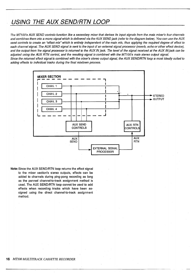 Using the aux send/rtn loop, M.t100 multitrack cassette recorder | Yamaha MT100 User Manual | Page 18 / 68