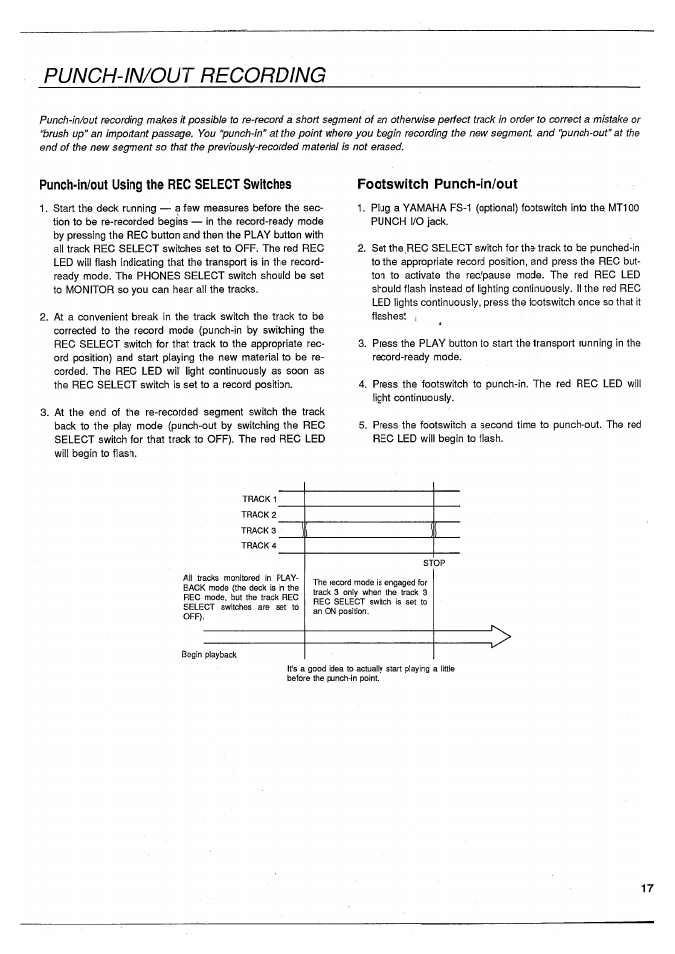 Punch-in/out recording, Punch-in/out using the rec select switches, Footswitch punch-in/out | Yamaha MT100 User Manual | Page 19 / 68