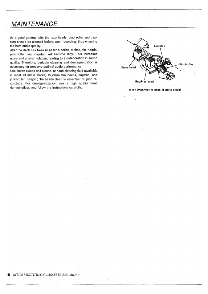 Maintenance, Mtioo multitrack cassette recorder | Yamaha MT100 User Manual | Page 20 / 68