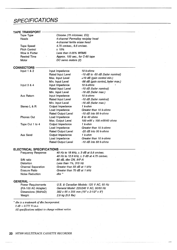 Specifications, Mtioo multttrack cassette recorder | Yamaha MT100 User Manual | Page 22 / 68