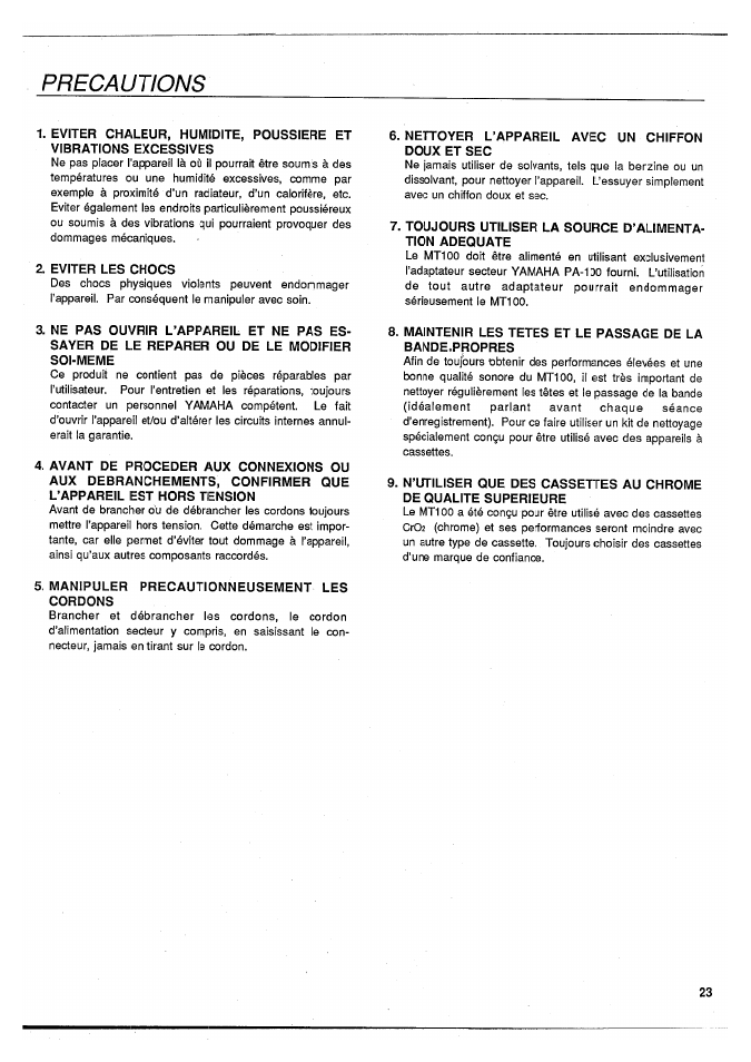 Precautions | Yamaha MT100 User Manual | Page 25 / 68