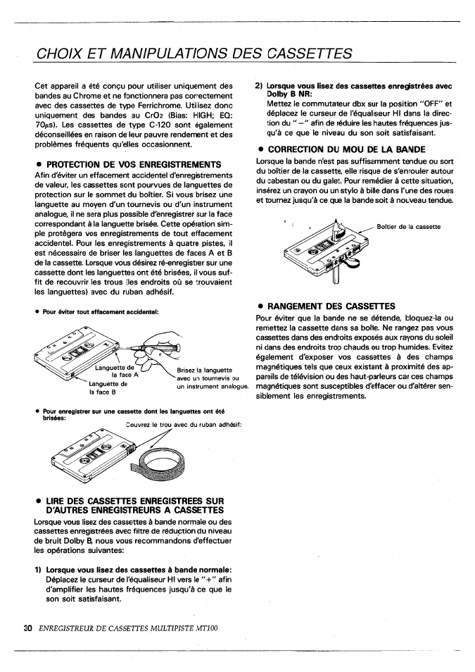 Choix et manipulations des cassettes | Yamaha MT100 User Manual | Page 32 / 68