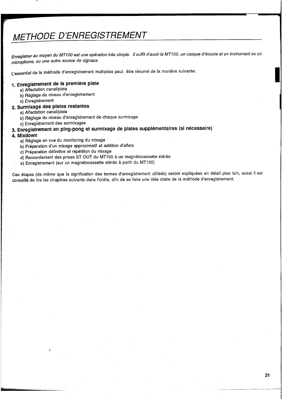 Methode d’enregistrement | Yamaha MT100 User Manual | Page 33 / 68