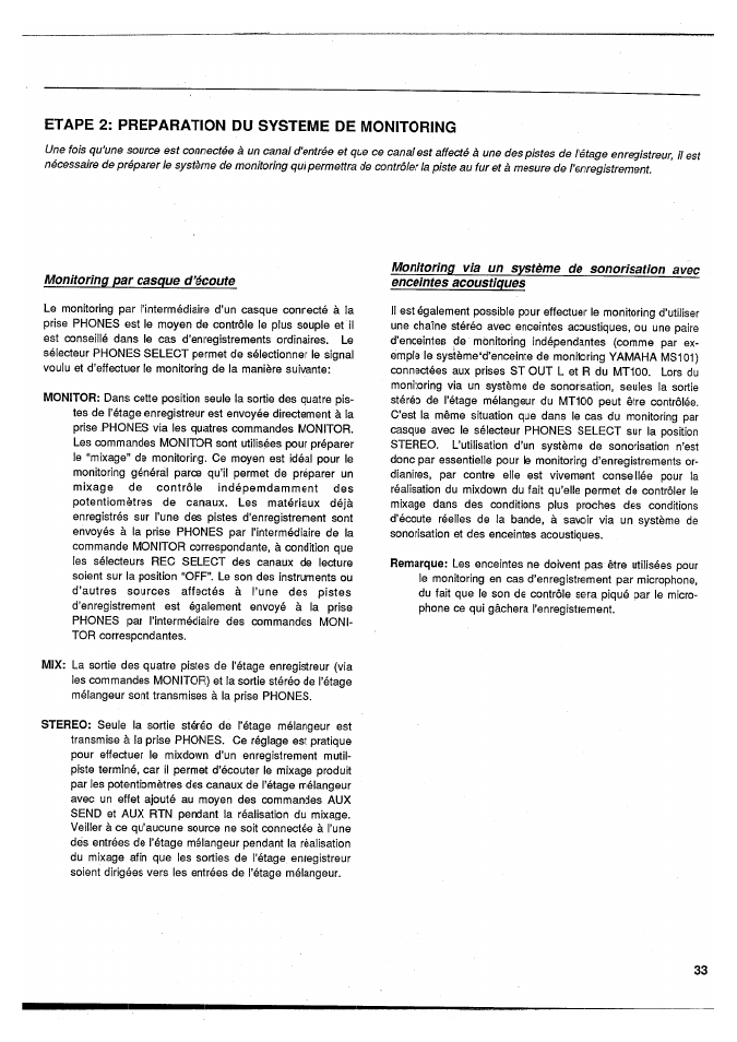 Etape 2: preparation du systeme de monitoring, Monitoring par casque d’écoute | Yamaha MT100 User Manual | Page 35 / 68