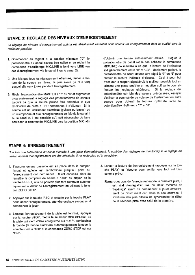 Etape 3: reglage des niveaux d’enregistrement, Etape 4: enregistrement, Enregistreur de cassettes mültipiste mtioo | Yamaha MT100 User Manual | Page 36 / 68