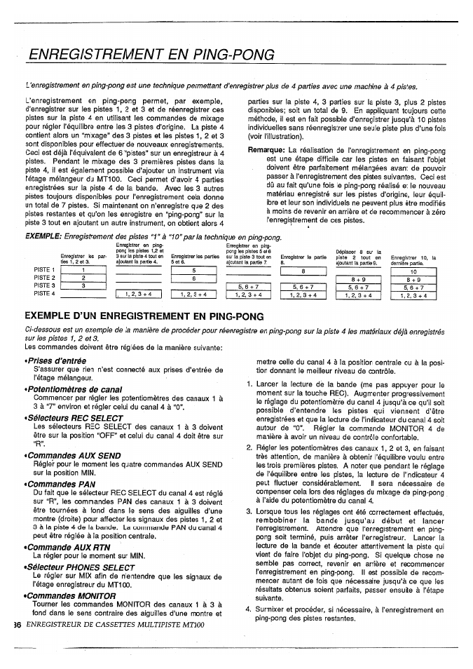 Enregistrement en ping-pong, Exemple d’un enregistrement en ping-pong, Prises d’entrée | Potentiomètres de canai, Séiecteurs rec select, Commandes aux send, Commandes pan, Commande aux rtn, Séiecteur phones select, Commandes monitor | Yamaha MT100 User Manual | Page 38 / 68