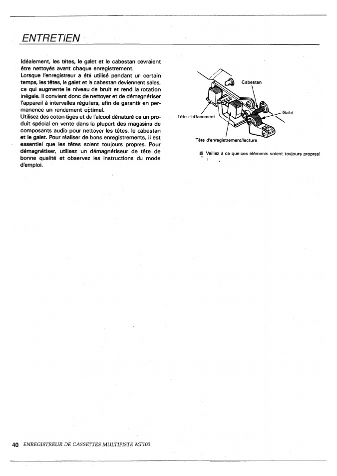 Entretien, Enregistreur de cassettes multipiste mtioo | Yamaha MT100 User Manual | Page 42 / 68