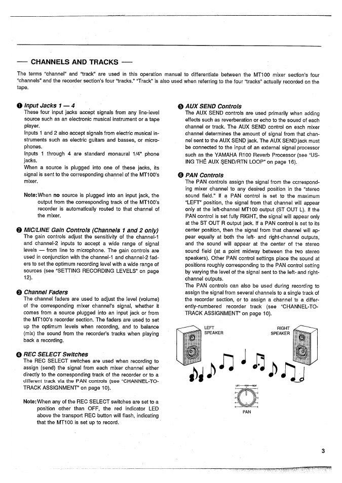 O input jacks 1 — 4, 0 mic/une gain controls (channels 1 and 2 only), 0 channel faders | O rec select switches, 0 aux send controls, Pan controls, Channels and tracks | Yamaha MT100 User Manual | Page 5 / 68