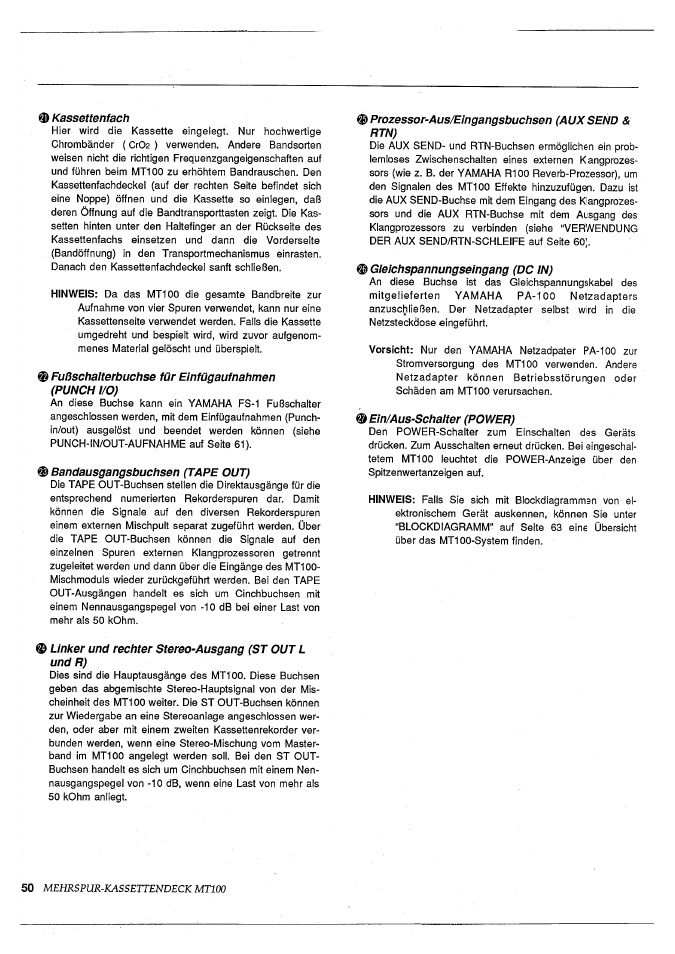 Kassettenfach, Fußschalterbuchse für einfügaufnahmen (punch i/o), Bandausgangsbuchsen (tape out) | Prozessor-aus/eingangsbuchsen (aux send & rtn), Gleichspannungseingang (dc in), Ein/aus-schalter (power), Mehrspur-kassettendeck mtioo | Yamaha MT100 User Manual | Page 52 / 68