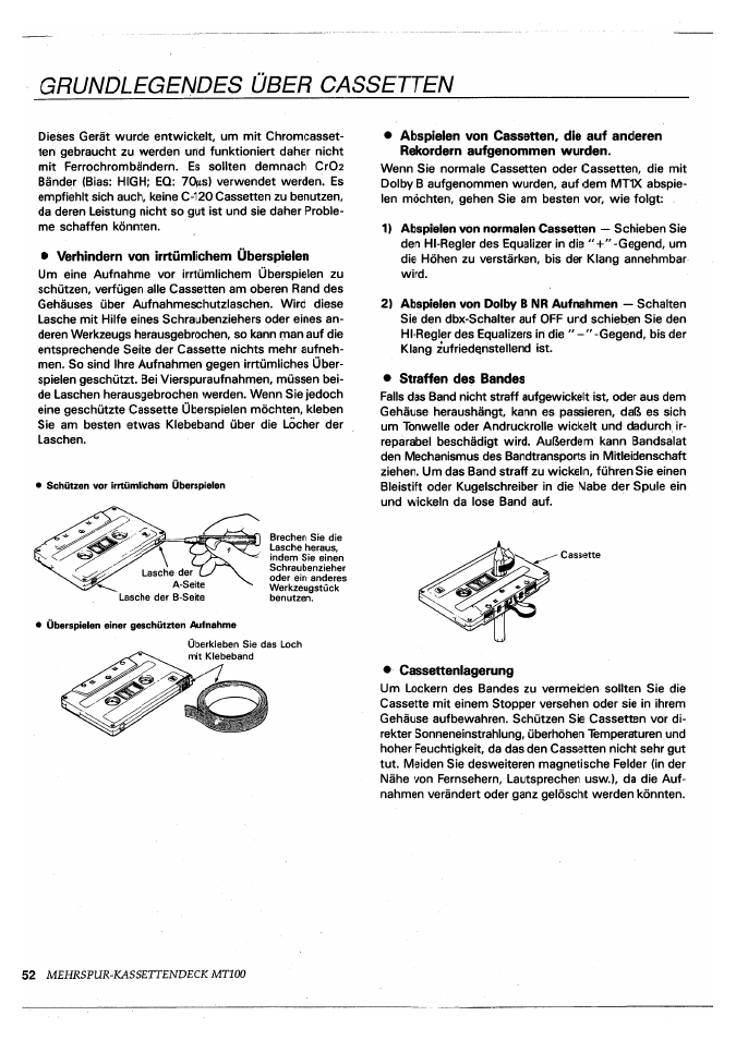 Grundlegendes über cassetten, Mehrspur-kassettendeck mtioo | Yamaha MT100 User Manual | Page 54 / 68