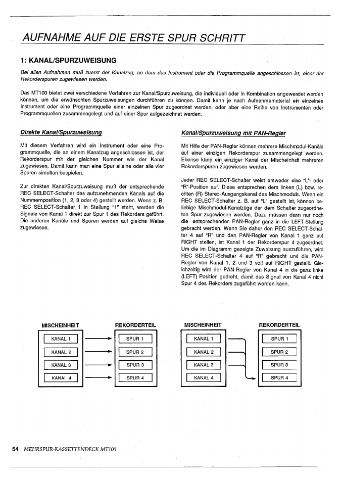 Aufnahme auf die erste spur schritt, Direkte kanai/spurzuweisung, Kanai/spurzuweisung mit pan-regier | Aufnahme auf die erste spur, Mehrspur-kassettendeck mtioo, Kanal/spurzuweisung | Yamaha MT100 User Manual | Page 56 / 68