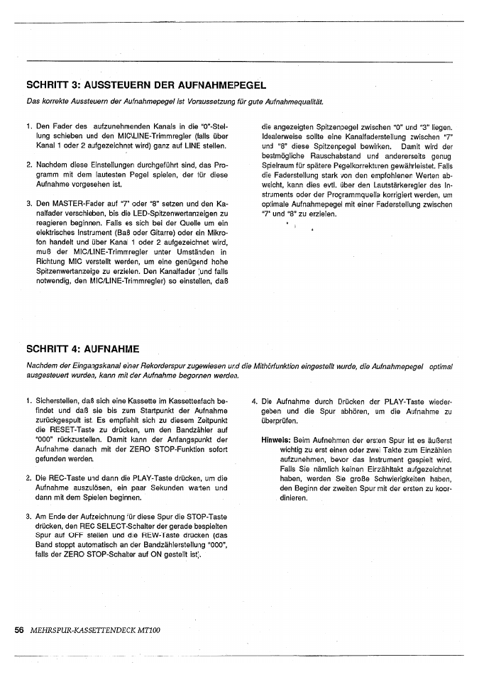 Mehrspur-kassettendeck mtioo, Schritt 3: aussteuern der aufnahmepegel, Schritt 4: aufnahme | Yamaha MT100 User Manual | Page 58 / 68