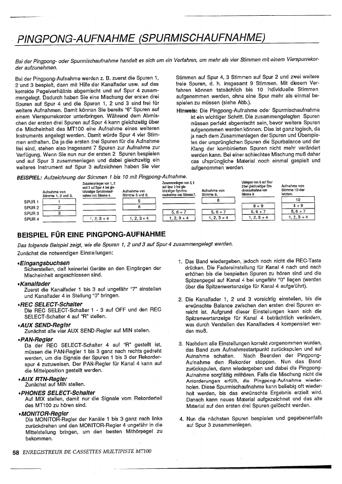 Pingpong-aufnahme (spurmischaufnahme), Enregistreur de cassettes multipiste mtioo, Beispiel für eine pingpong-aufnahme | Yamaha MT100 User Manual | Page 60 / 68