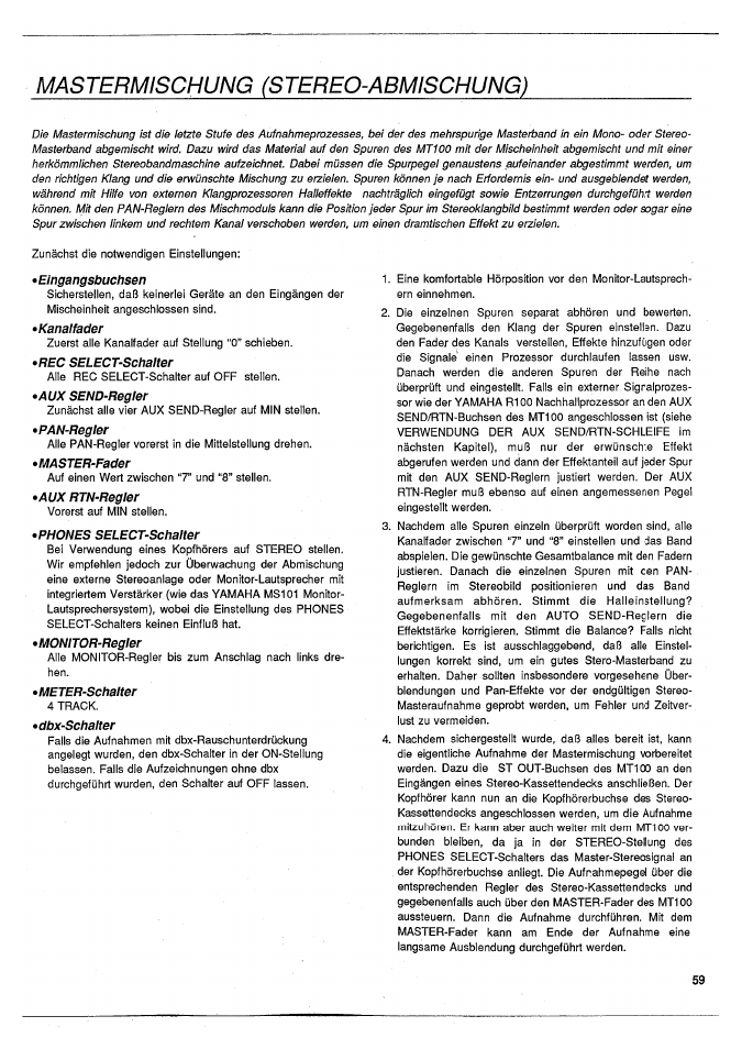 Mastermischung (stereo-abmischung) | Yamaha MT100 User Manual | Page 61 / 68