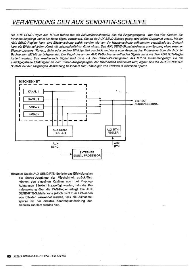 Verwendung der aux send/rtn-schleife, Mehrspur-kassettendeck mtioo | Yamaha MT100 User Manual | Page 62 / 68