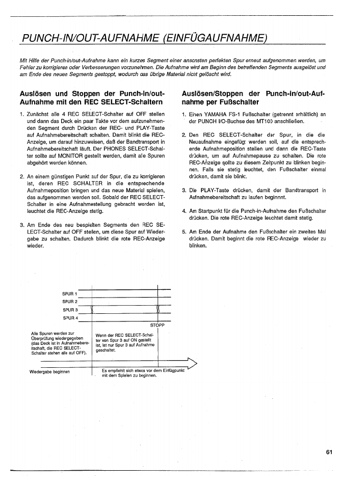 Punch-in/out-aufnahme (einfügaufnahme), Auslösen/stoppen der nähme per fußschalter | Yamaha MT100 User Manual | Page 63 / 68