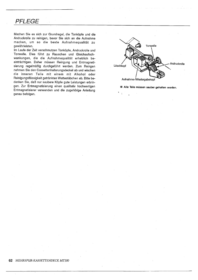 Pflege, Mehrspur-kassettendeck mtioo | Yamaha MT100 User Manual | Page 64 / 68