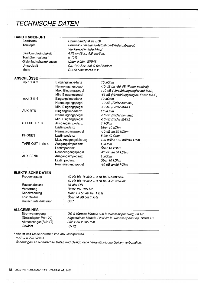 Technische daten, Mehrspur-kassettendeck mtioo | Yamaha MT100 User Manual | Page 66 / 68