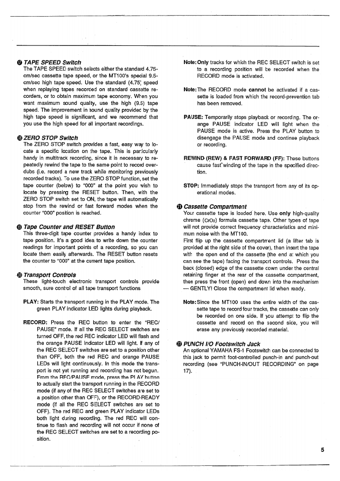 Ф таре speed switch, Ф zero stop switch, Ф tape counter and reset button | Transport controis, Cassette compartment, Punch i/0 footswitch jack | Yamaha MT100 User Manual | Page 7 / 68